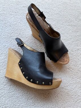 Black Leather Slingback Wedge Sandals